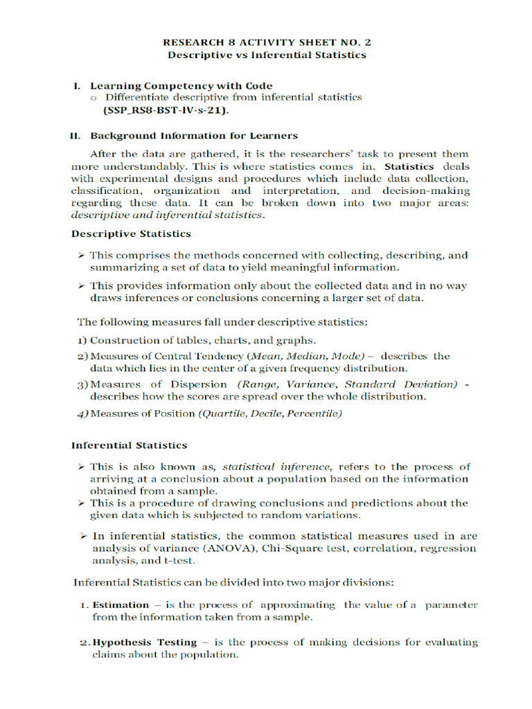 Research II Descriptive Vs Inferential Statistics | PDF