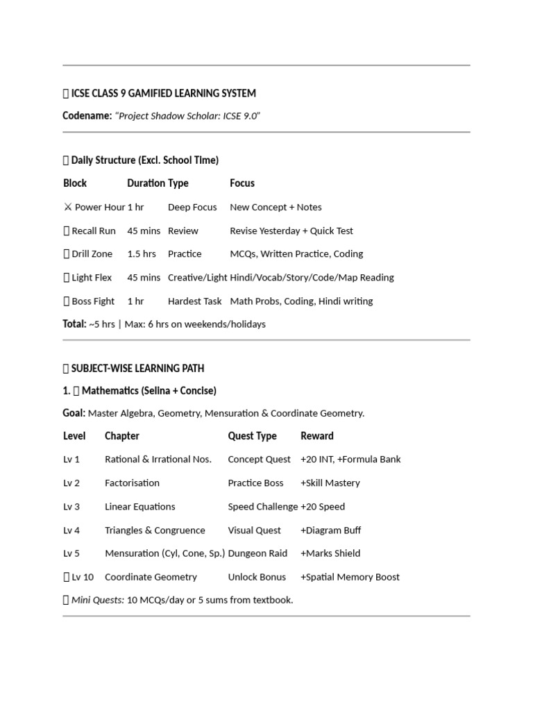 ICSE Class 9 Gamified Learning Plan | PDF | Mathematics