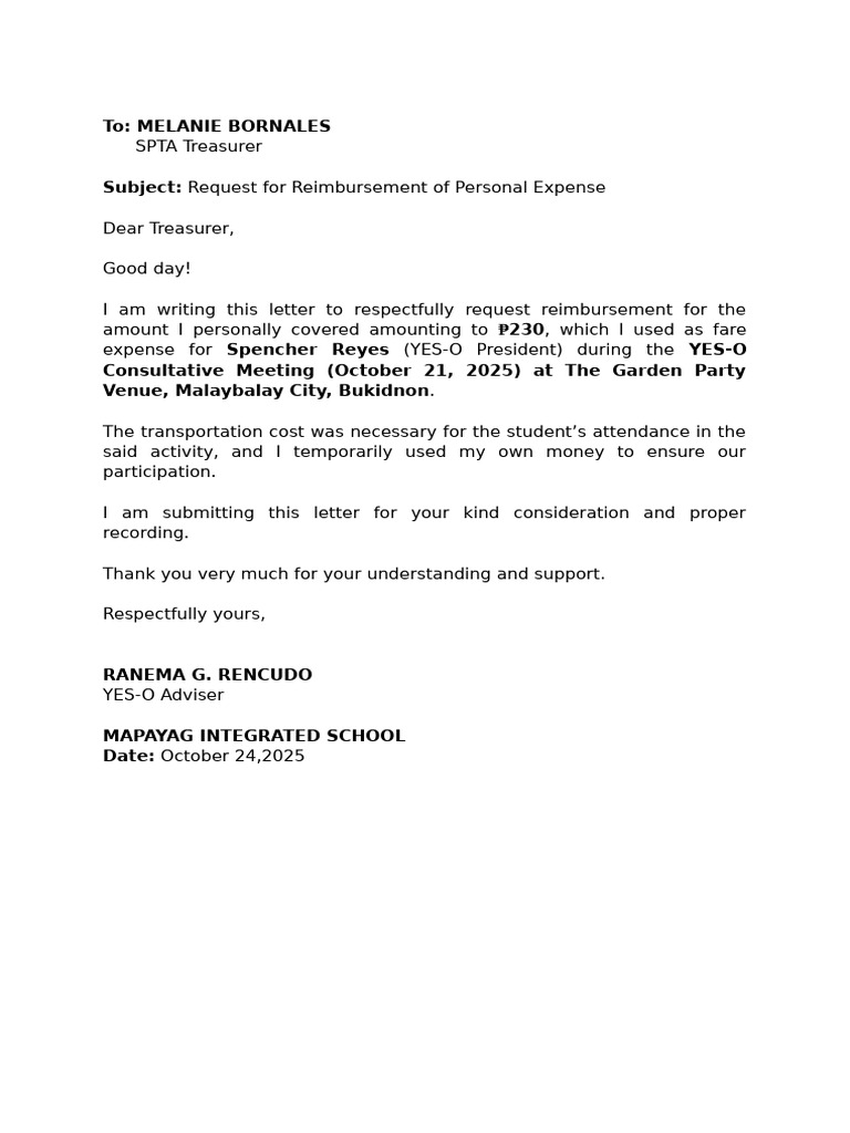 Reimbursement Request for YES-O Meeting | PDF