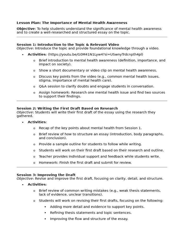 Mental Health Awareness Lesson Plan | PDF | Essays | Mental Health