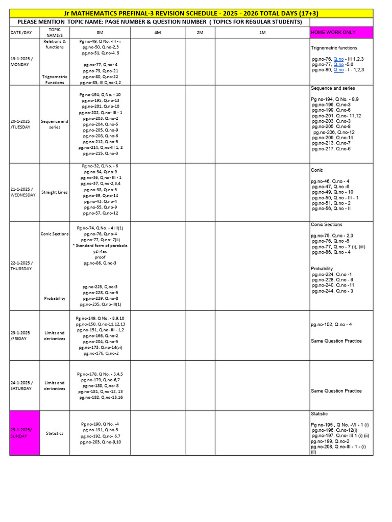 Mathematics Prefinal Revision Schedule 2025 | PDF | Mathematics ...