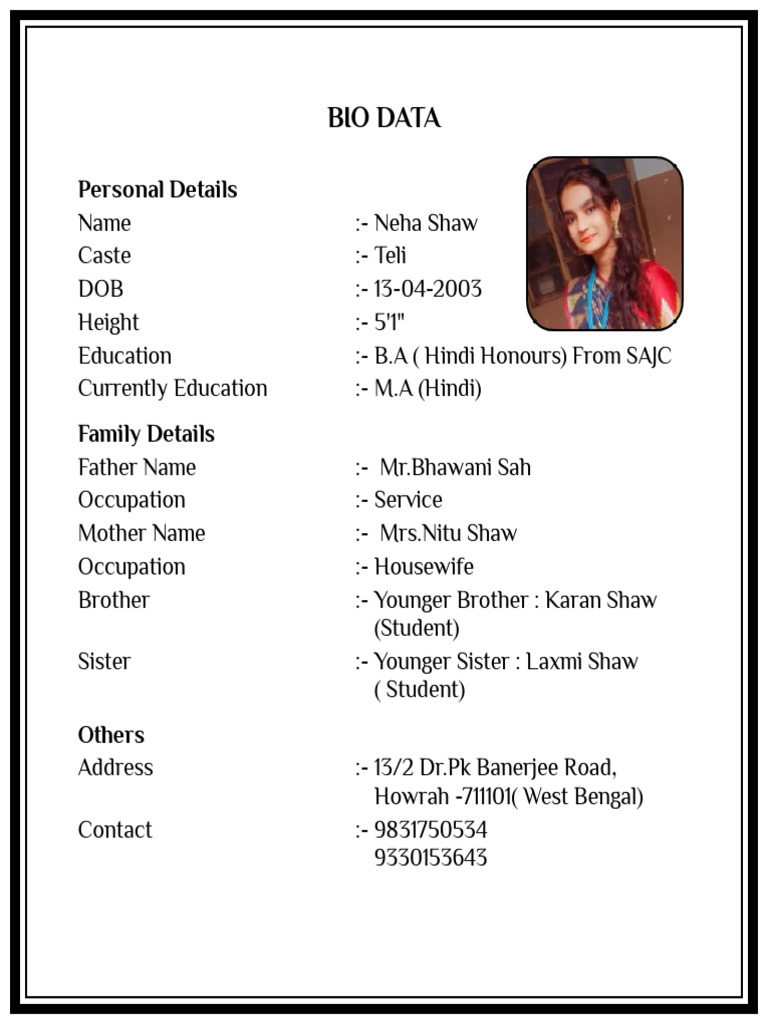 Neha Shaw's Personal Bio Data | PDF