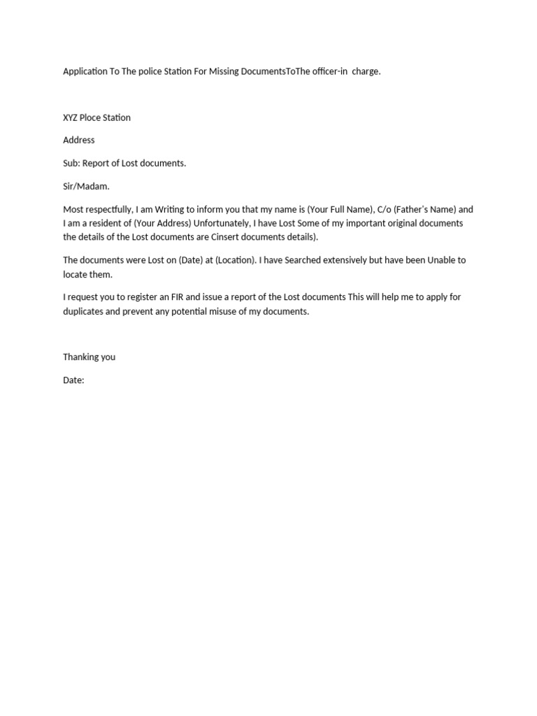 Application To The Police Station For Missing DocumentsToThe Officer | PDF