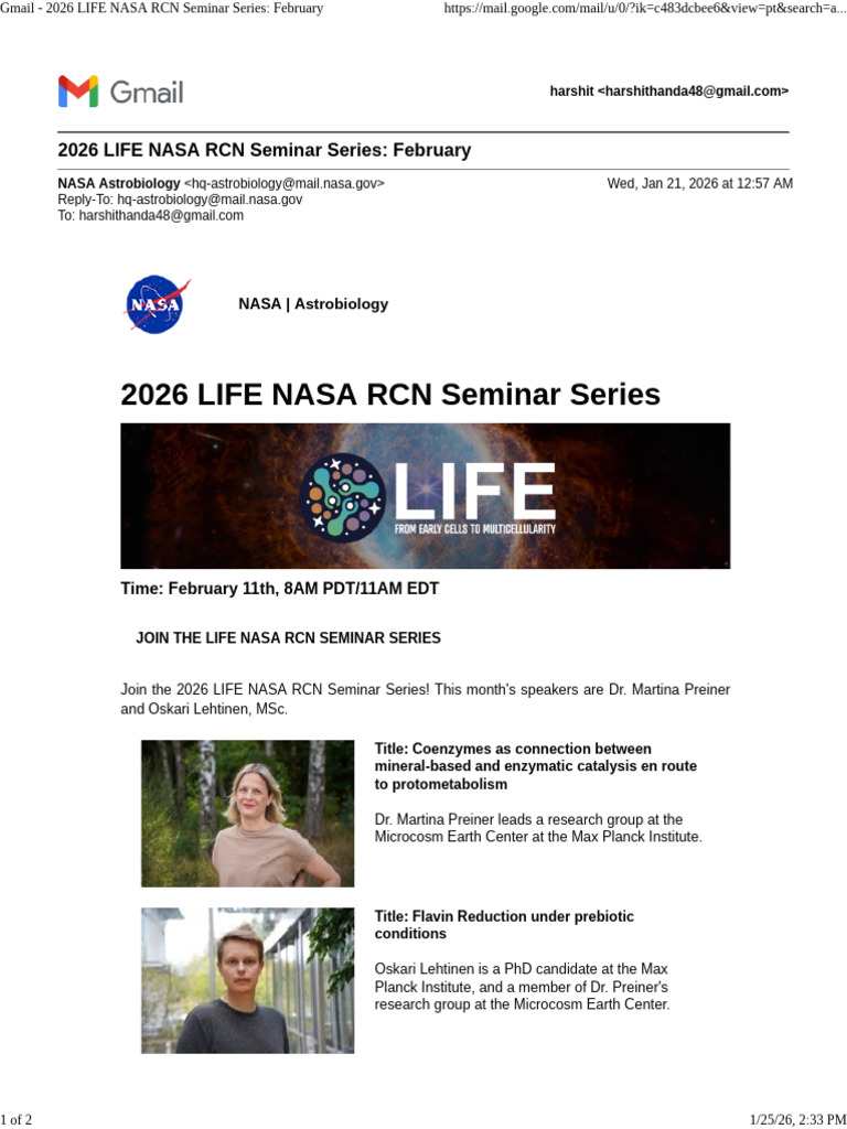2026 NASA Astrobiology Seminar Series | PDF | Space Program Of The ...