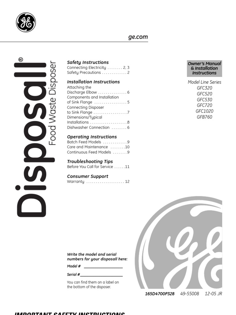 GE Garbage Disposall GFC520F Manual PDF Ac Power Plugs And