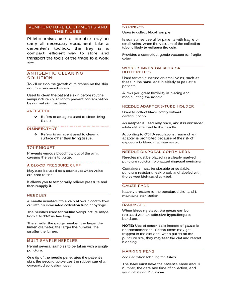 Venipuncture Equipment Guide | PDF | Blood Plasma | Blood
