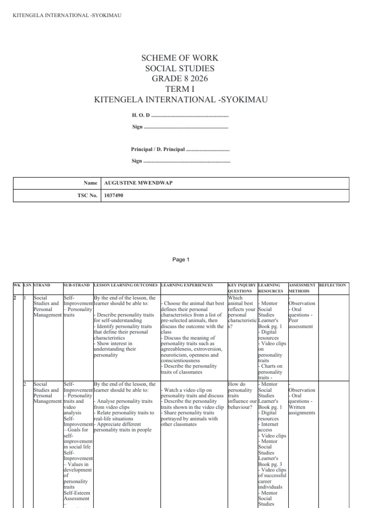 Grade 8 Social Studies Term 1 Plan | PDF | Self Esteem | Mentorship