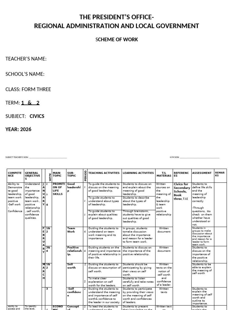 Civics Scheme of Work for Form Three | PDF | Leadership | Teachers