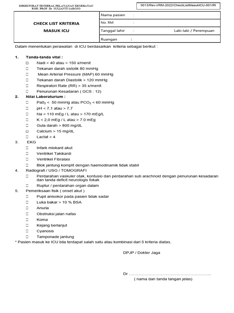 Kriteria Pasien Masuk ICU RSPI Sulianti | PDF