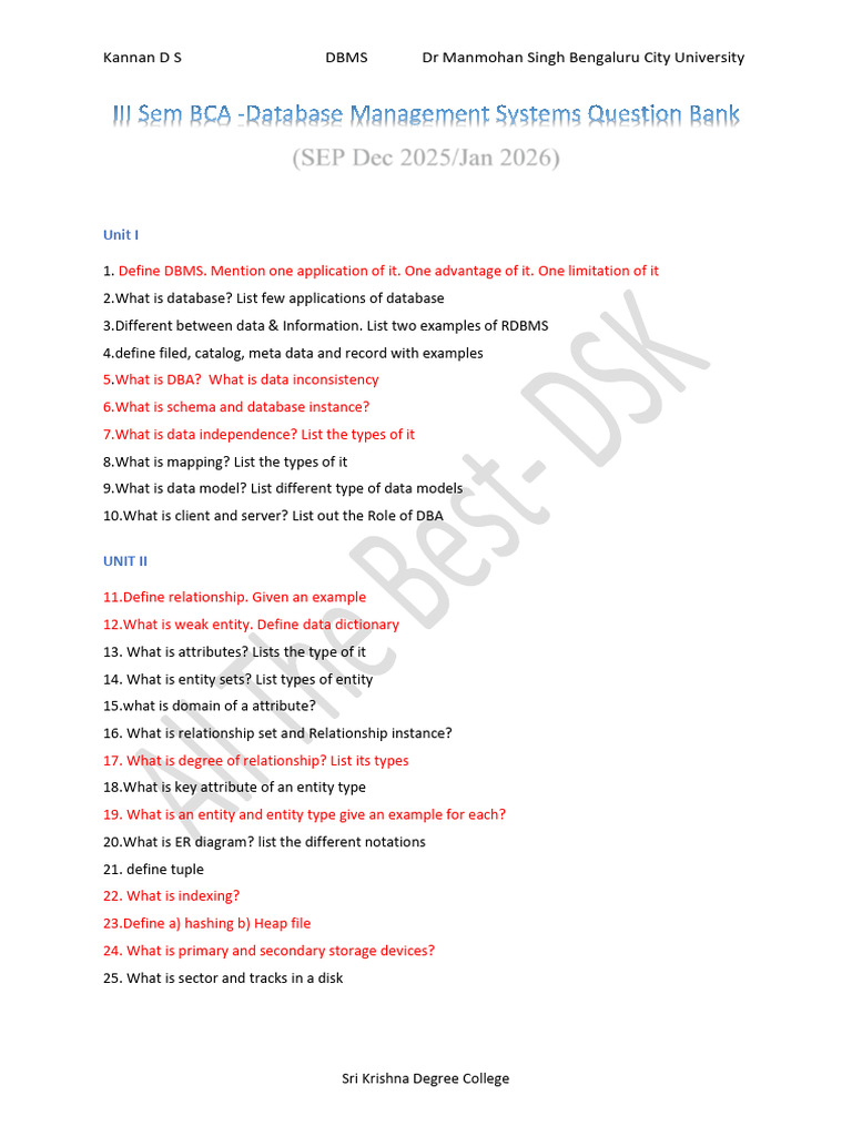 DBMS Question Bank for BCA III Sem | PDF | Databases | Sql
