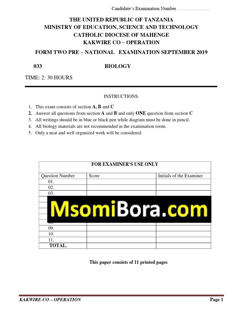 Form Two Biology Exam September 2019 | PDF | Density | Heart Valve