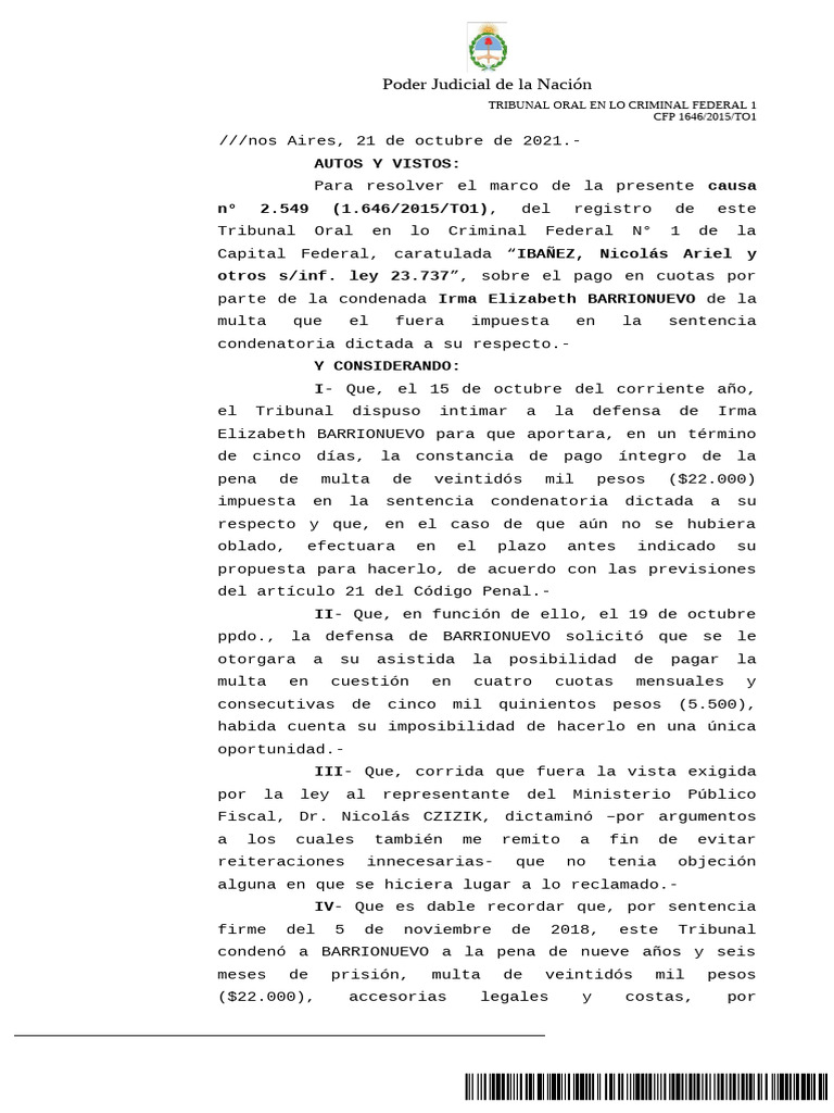 Aprobación de pago en cuotas multa judicial | PDF | Sentencia (ley ...