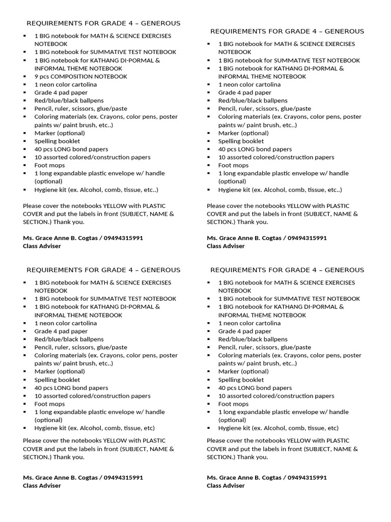 Grade 4 School Supplies Checklist | PDF | Notebook | Stationery
