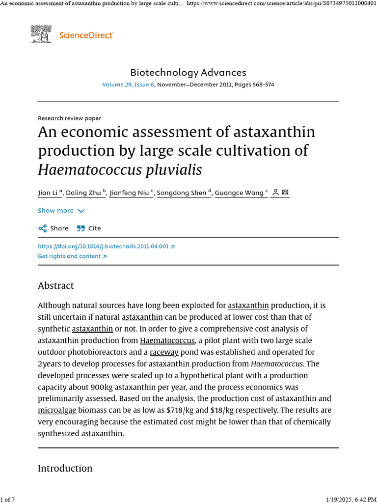Economic Assessment of Astaxanthin Production | PDF | Biology