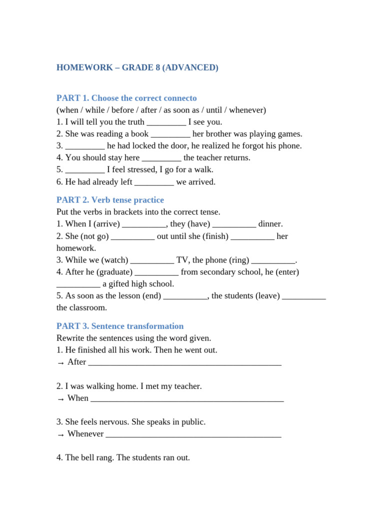 Grade 8 Advanced Homework: Connectors & Tenses | PDF
