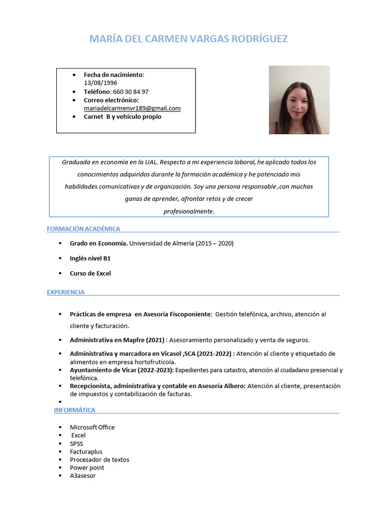 Perfil Profesional de María del Carmen Vargas | PDF