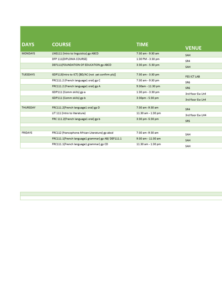 Weekly Course Schedule Overview | PDF
