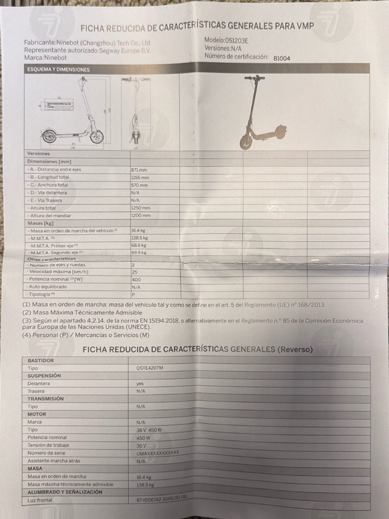 Ficha Técnica de VMP Ninebot 051203E | PDF | Eje | Vehículo de motor