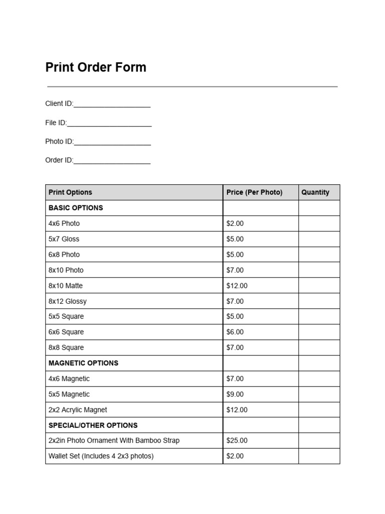 Photo Print Order Form Template | PDF