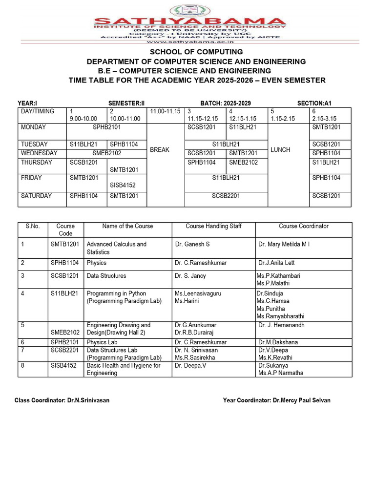 CSE B.E. 2025-2026 Even Semester Timetable | PDF | Academic Term ...
