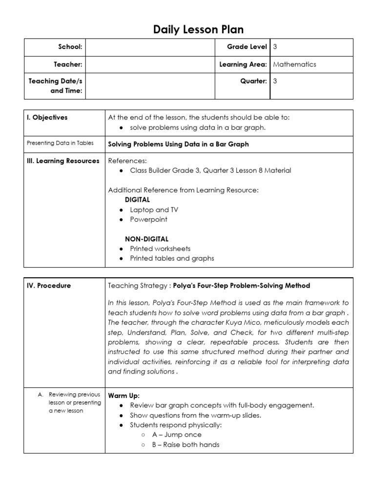 Grade 3 Math Lesson: Bar Graphs & Polya's Method | PDF | Learning | Reptile