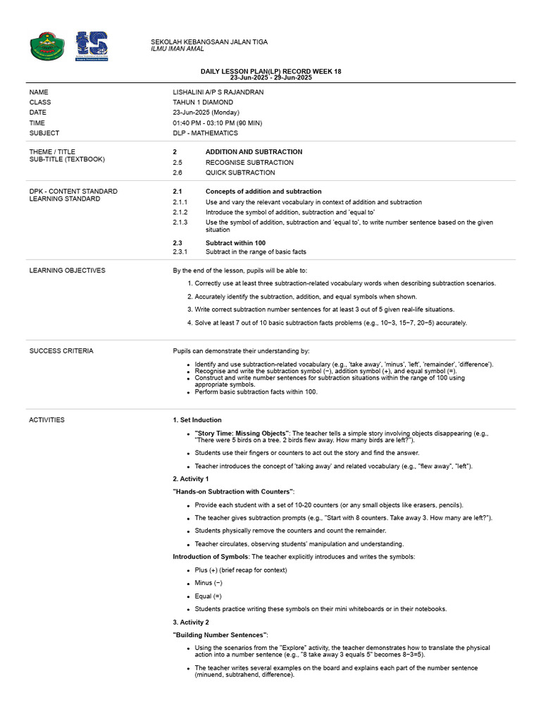 Year 1 Mathematics Lesson Plan: Subtraction | PDF | Subtraction ...