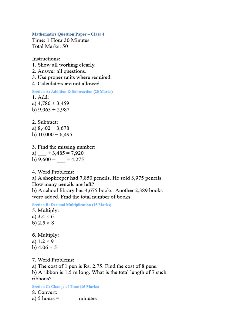 Class 4 Mathematics Question Paper | PDF