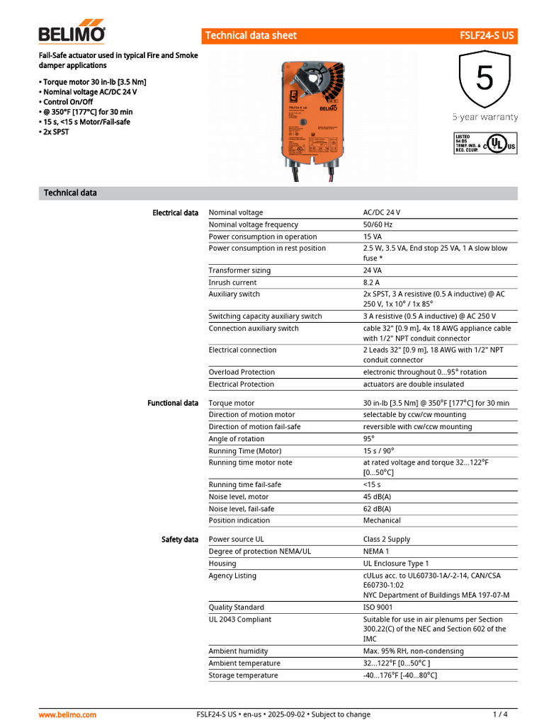 Belimo FSLF24-S Fail-Safe Actuator Data | PDF | Electronics ...