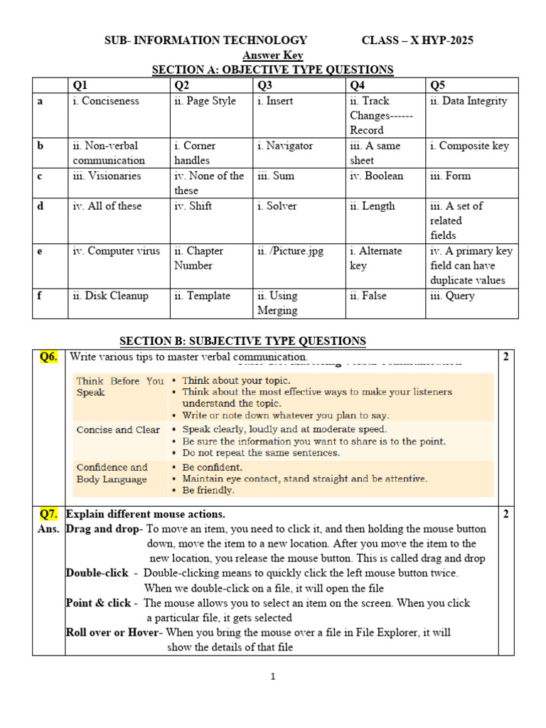 IT Class X Answer Key 2025 | PDF | Databases | Microsoft Sql Server