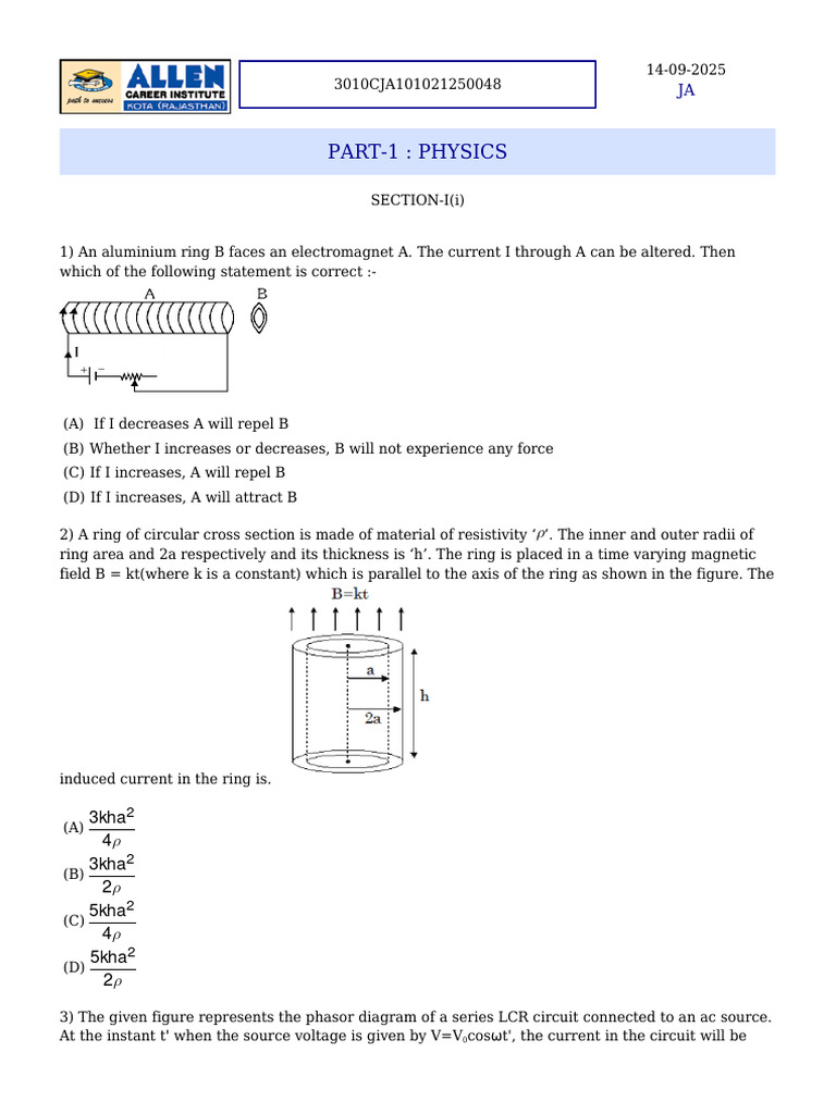 Physics and Chemistry Exam Questions | PDF | Inductor | Area