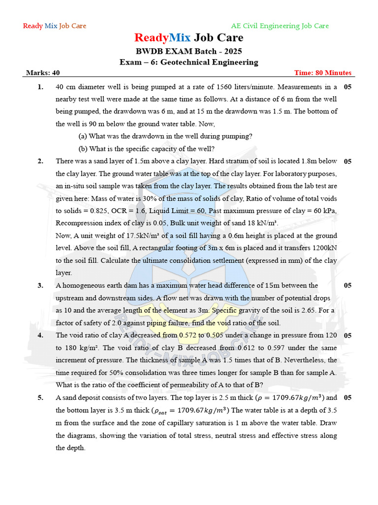 Geotechnical Engineering Exam Practice | PDF | Continuum Mechanics | Soil