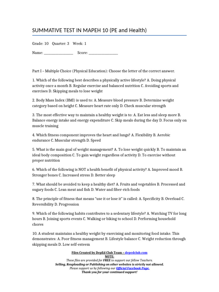 MAPEH 10 Summative Test: PE & Health | PDF | Physical Fitness | Global ...