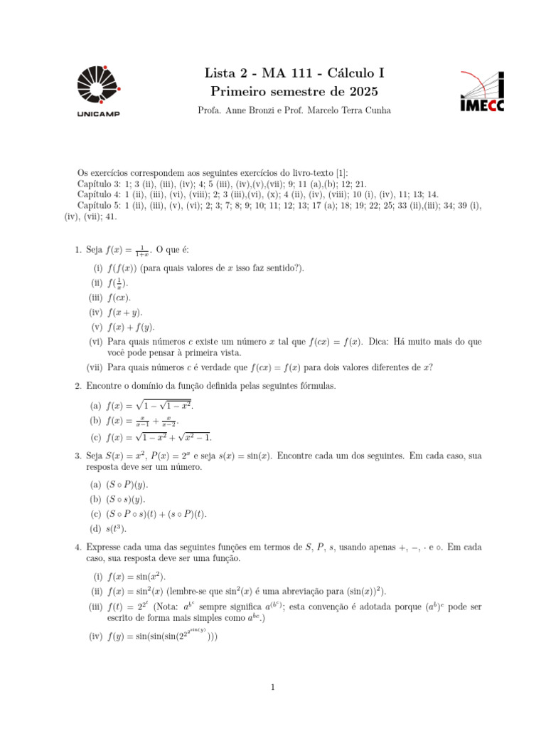 Exercícios de Cálculo I - Lista 2 MA 111 | PDF | Função (Matemática ...