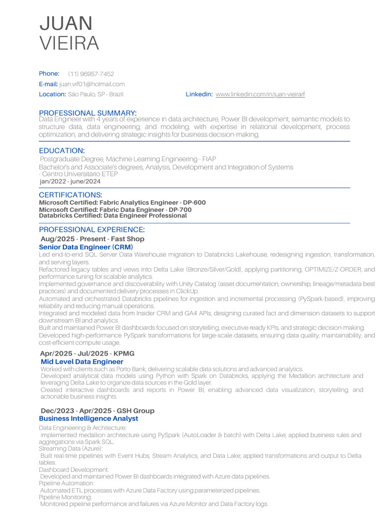 Juan Vieira: Data Engineer Profile | PDF | Apache Spark | Microsoft Azure