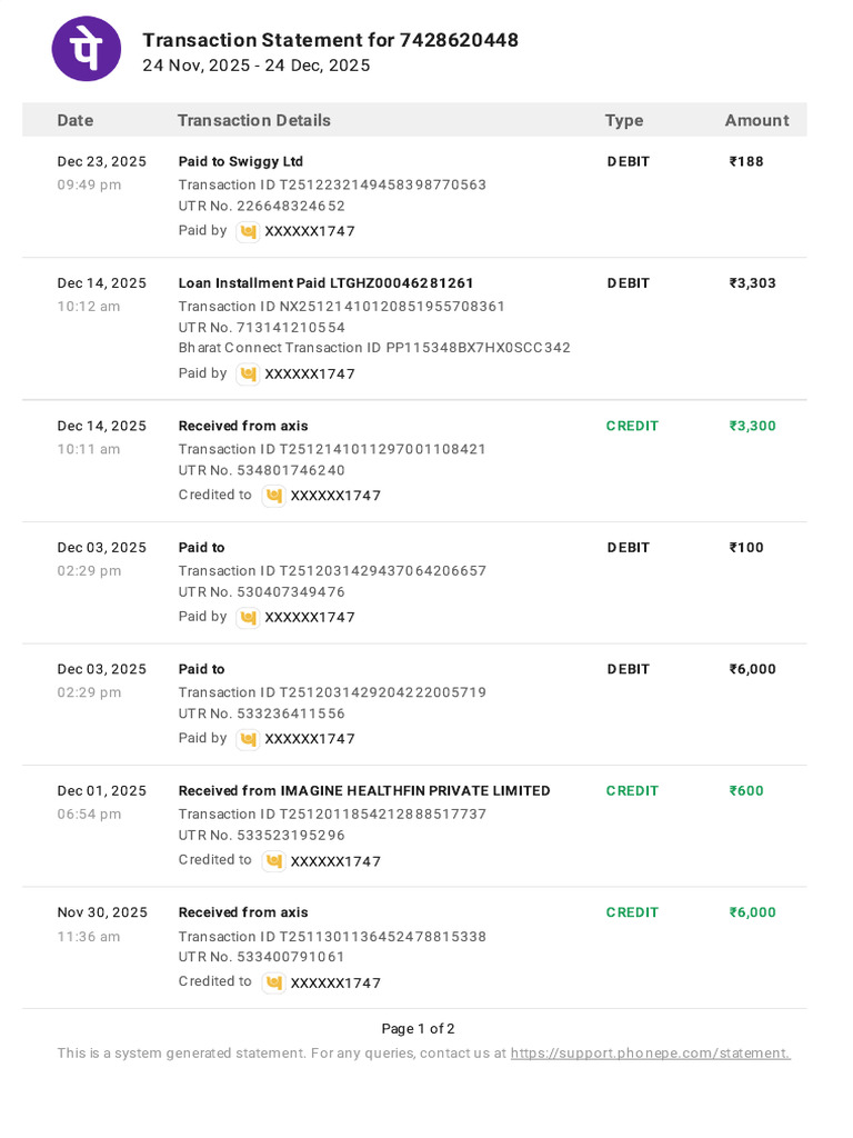Transaction Statement Nov-Dec 2025 | PDF | Debit Card