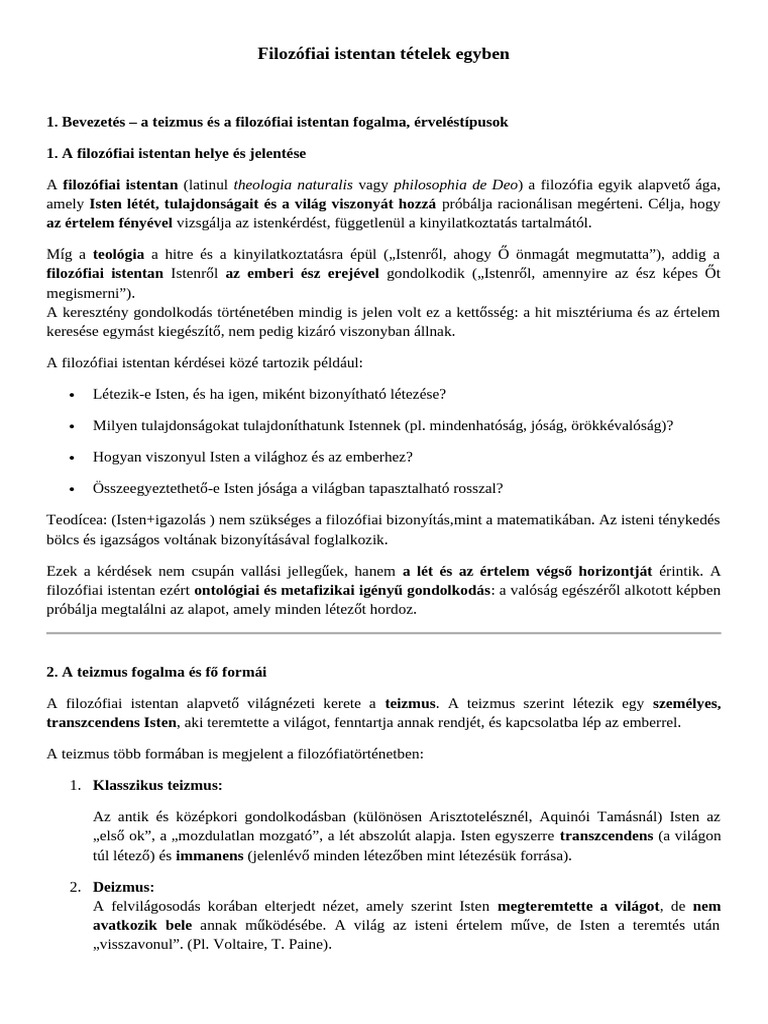 Filozófiai Istentan Vázlatos Tételek Egyben | PDF