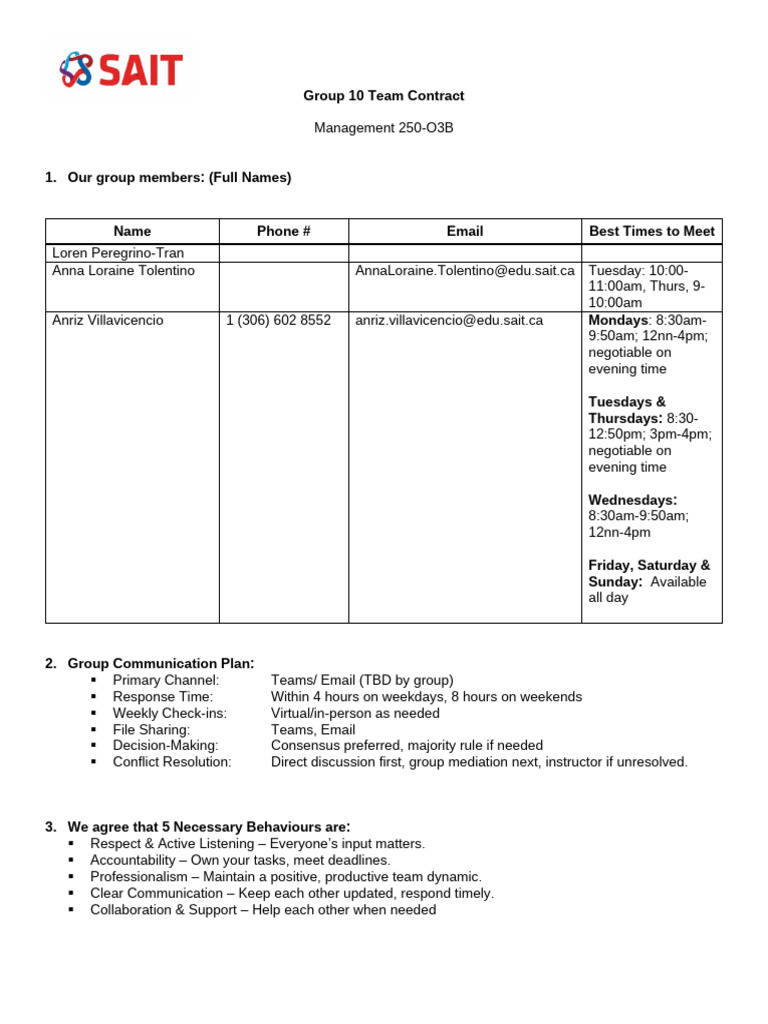 Group 10 Team Contract Overview | PDF | Workweek And Weekend