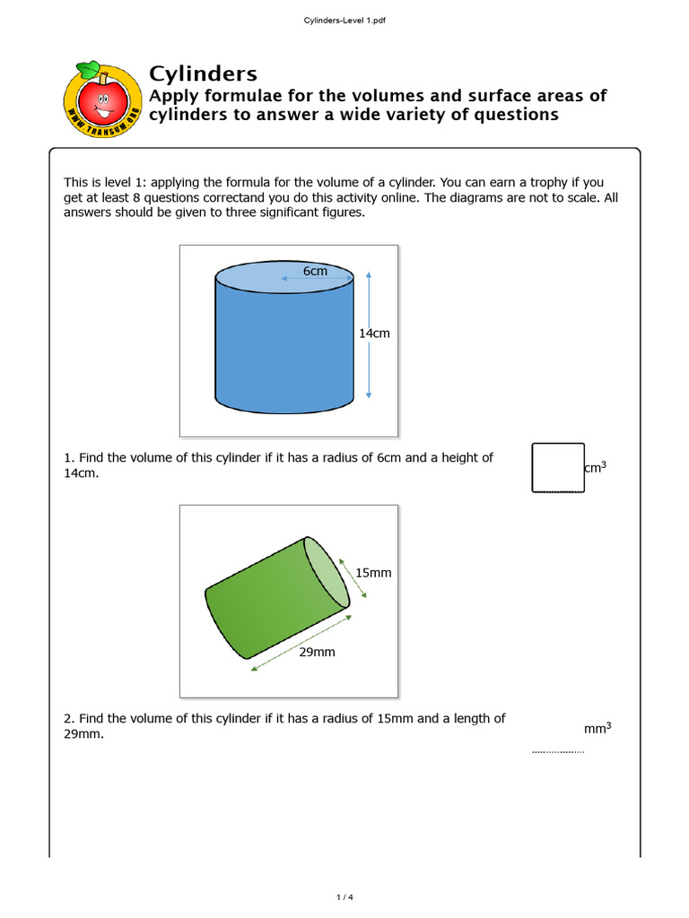 Cylinder Volume and Surface Area Problems | PDF | Volume | Area