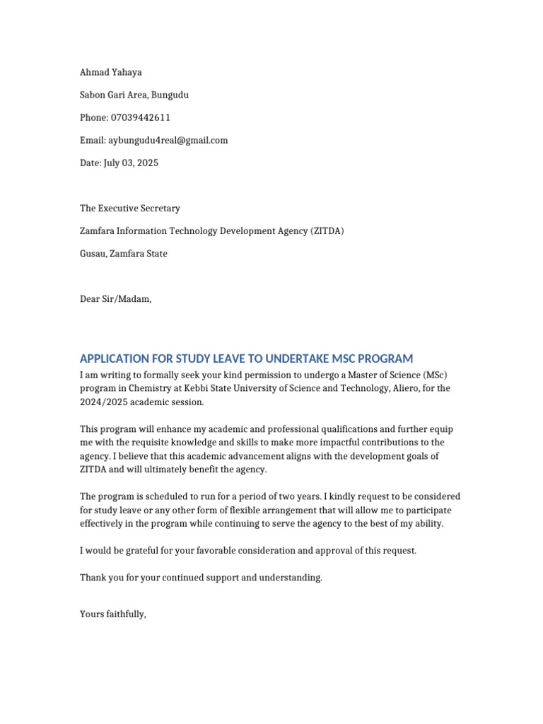 Application for Study Leave: MSc Chemistry | PDF