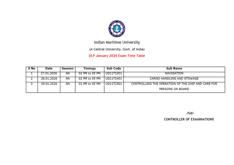 Indian Maritime University Jan 2026 Exam Schedule | PDF