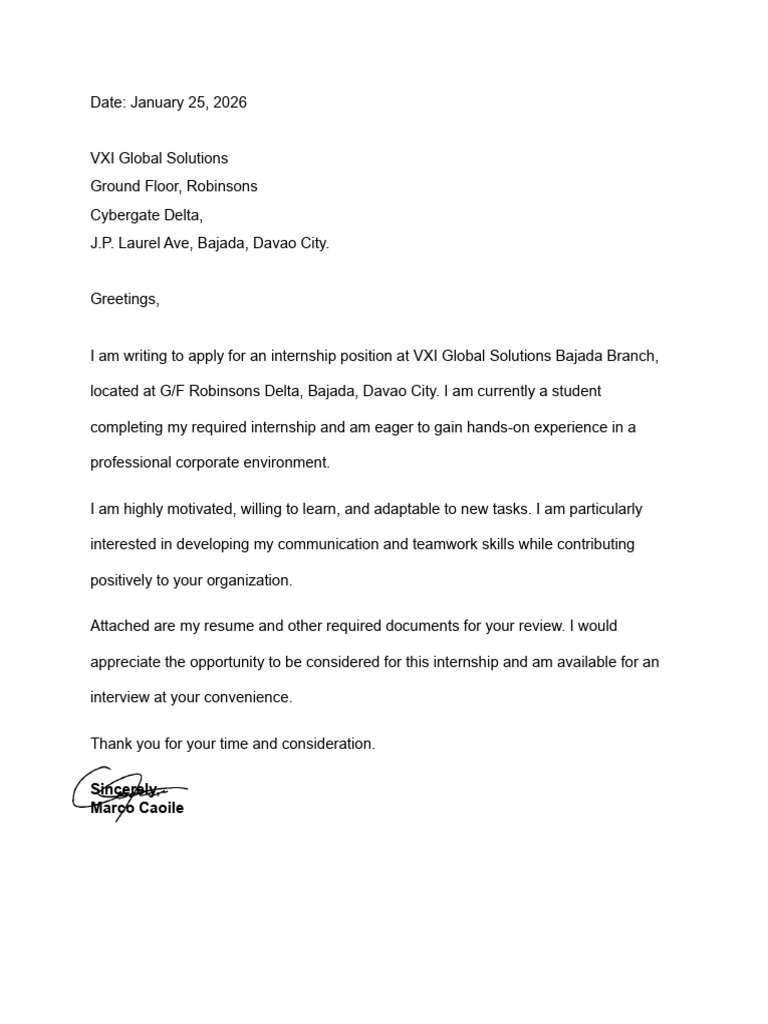 Internship Application at VXI Global Solutions | PDF