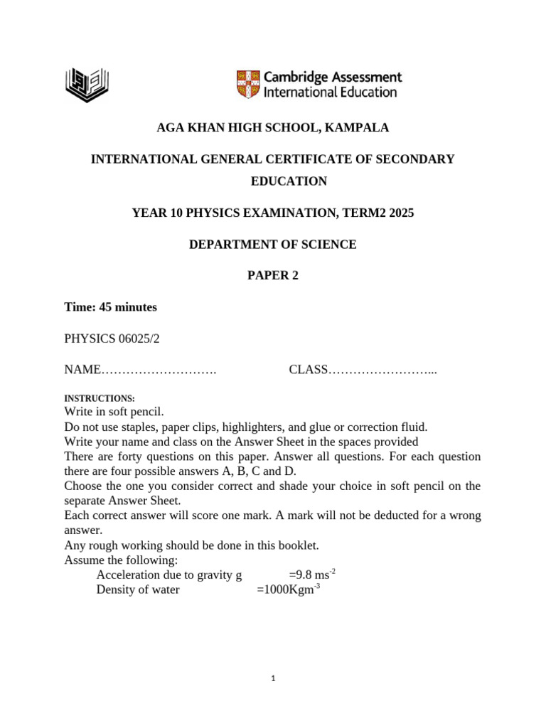Year 10 Physics Exam Paper 2025 | PDF | Force | Momentum