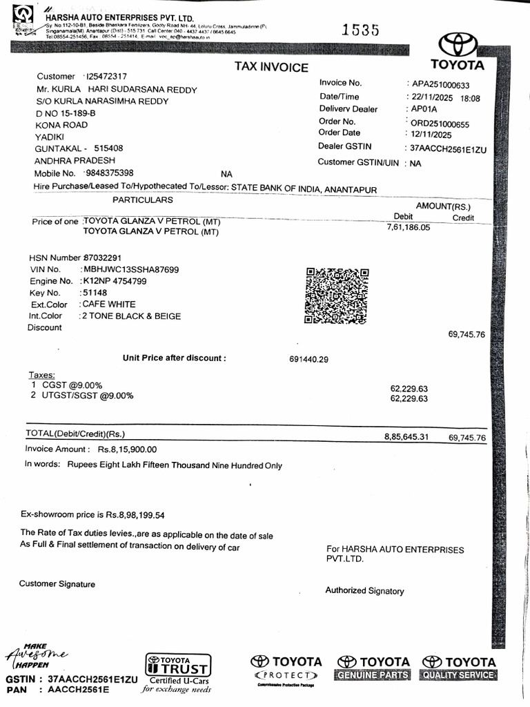 Toyota Glanza V Purchase Invoice | PDF | Insurance