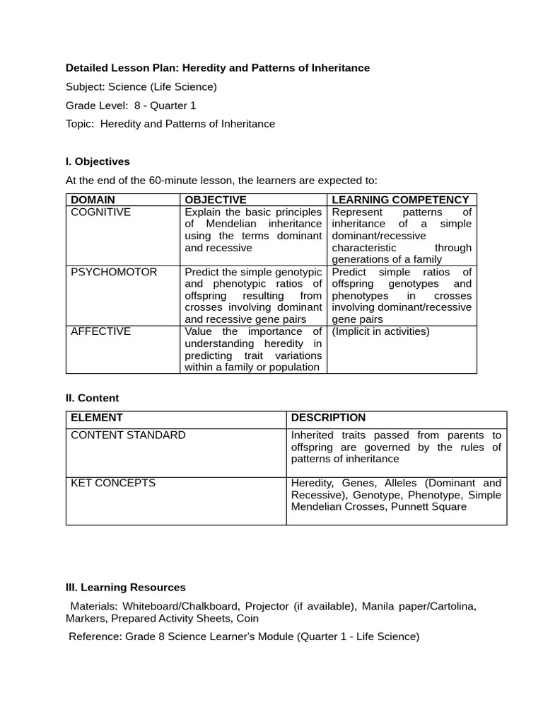 Heredity Lesson Plan for Grade 8 | PDF | Genotype | Dominance (Genetics)