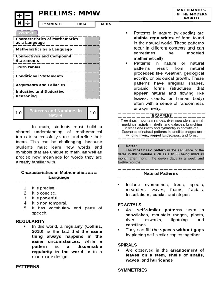 Mathematics in Modern World Notes | PDF | Argument | Pattern