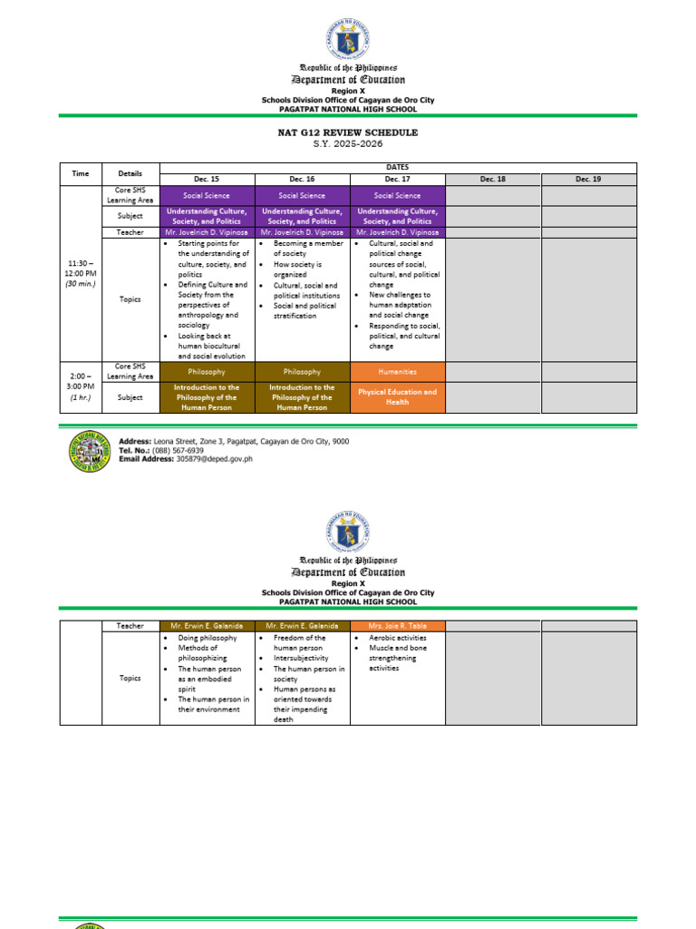 G12 NAT Review Schedule 2025-2026 | PDF | Statistics | Mathematics