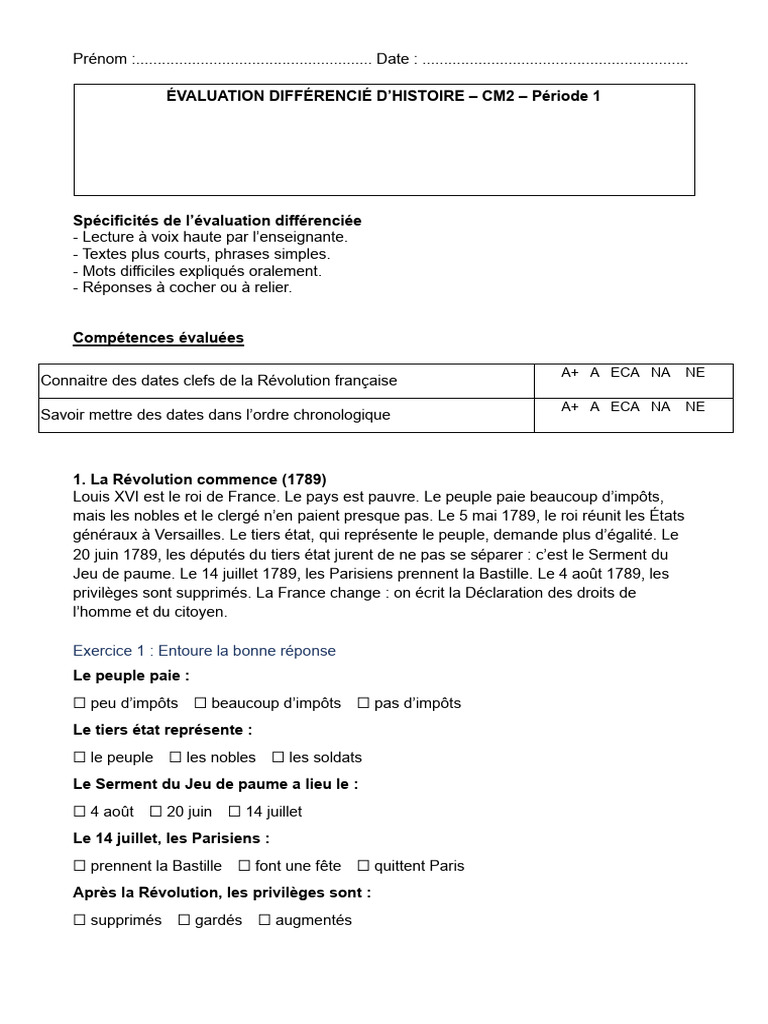  valuation CM2 La R volution Fran aise PDF R volution Fran aise 