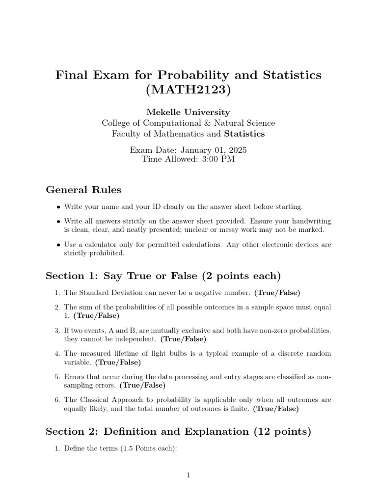 Probability and Statistics Final Exam | PDF | Probability Distribution ...