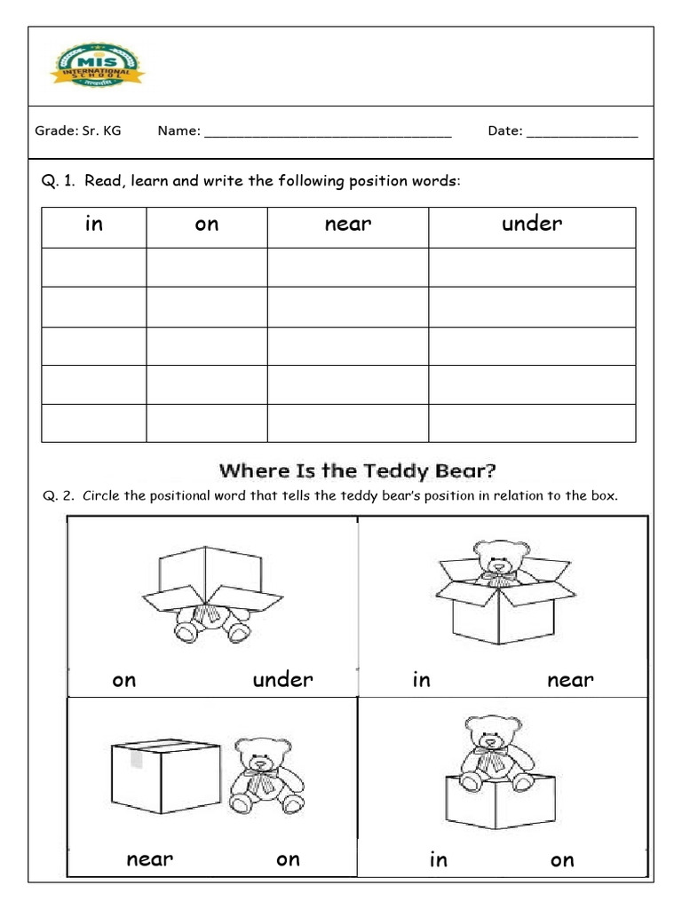 Position Words Worksheet for Sr. KG | PDF