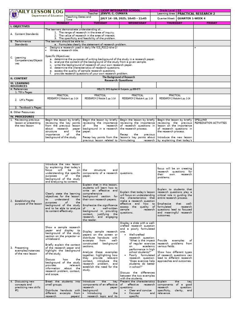Practical Research 2 Lesson Plan | PDF | Procedural Knowledge | Cognition